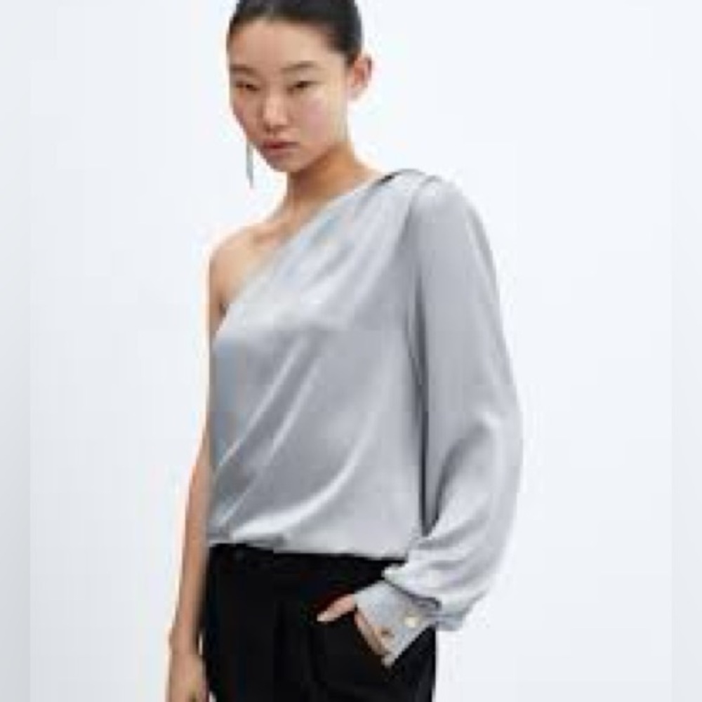 Mango Metallic Silver Gray One-Shoulder Silver Blouse
